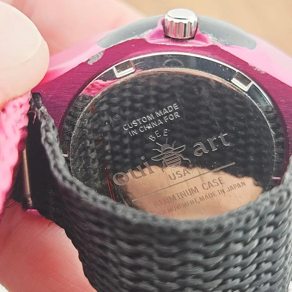 Oui Art Women's Watch Pink Black Retro Dial Adjustable Canvas Hook & Loop Band